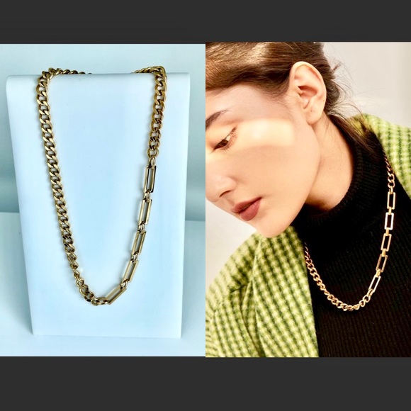 18k Plated Gold Mixed Wide Curb Paperclip Rectangle Chain Necklace - Picture 2 of 10